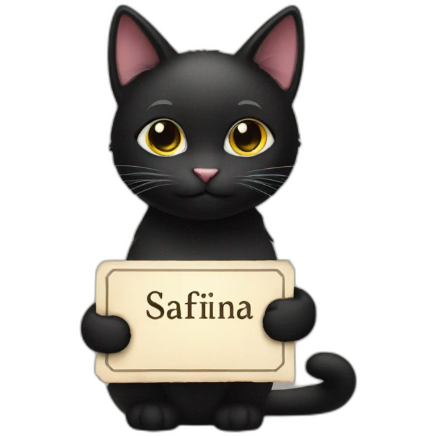 Black cat holding a sign with the inscription “Safina” emoji
