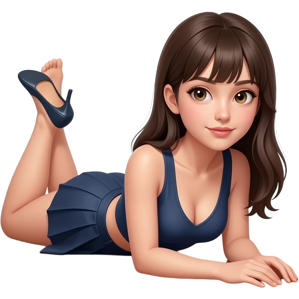 una ragazza con fisico perfetto bianca sdraiata a pancia in giù con minigonna corta e top con scollo a V con i piedi realistici alzati emoji