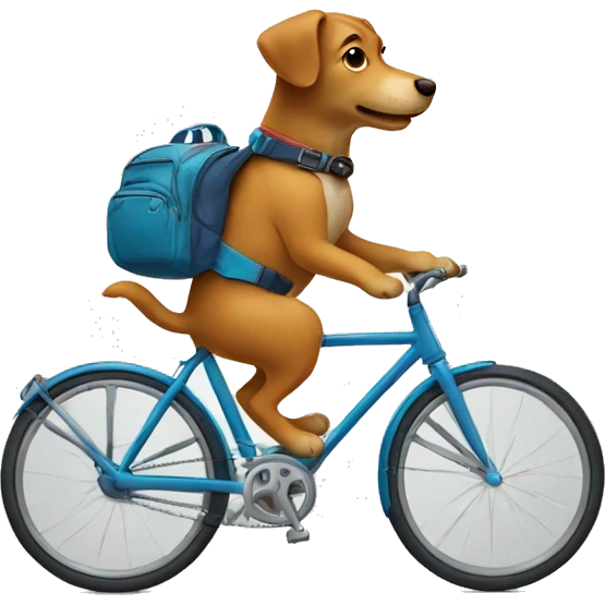 A dog is riding a bicycle and wearing a backpack. emoji