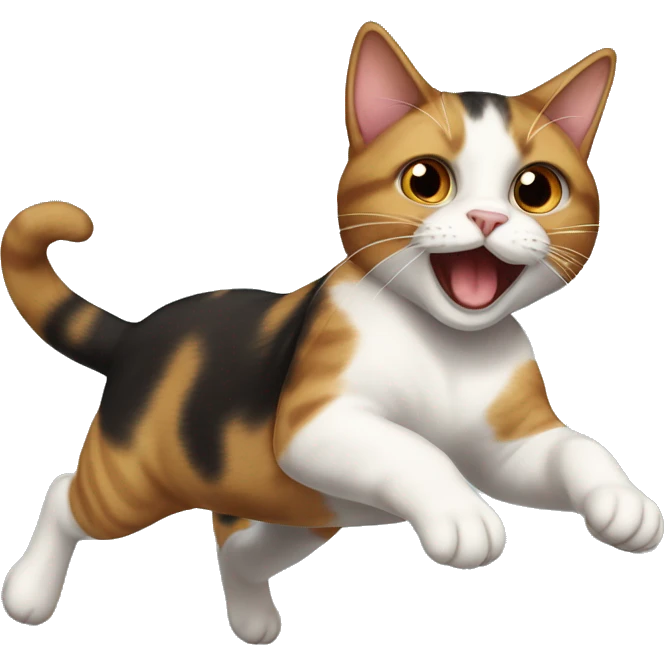 A calico cat jumping on a dark brown fat tabby cat emoji