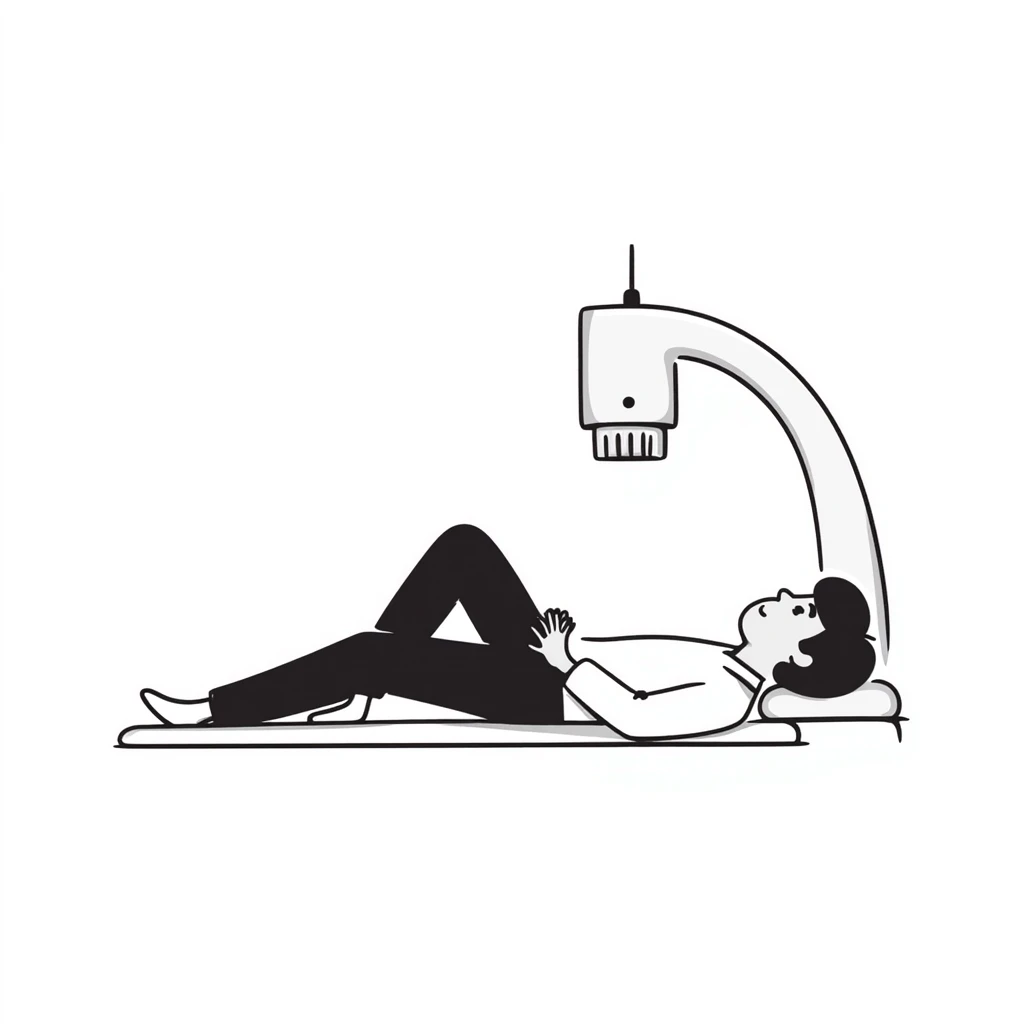 Detailed illustration of DEXA scan procedure with male patient lying on table, bone density measurement machine with scanning arm positioned over patient's body emoji