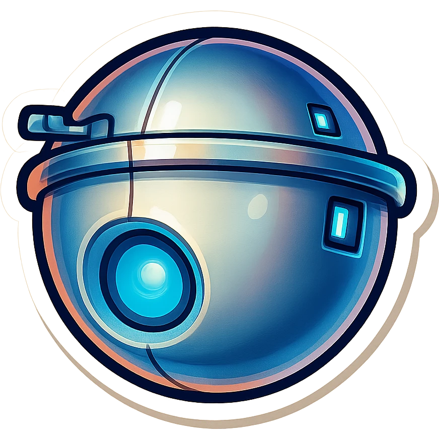 Render this spherical robot in retro stickers style, with bold outlines and vibrant colors, emphasizing a playful and nostalgic look typical of retro stickers. emoji