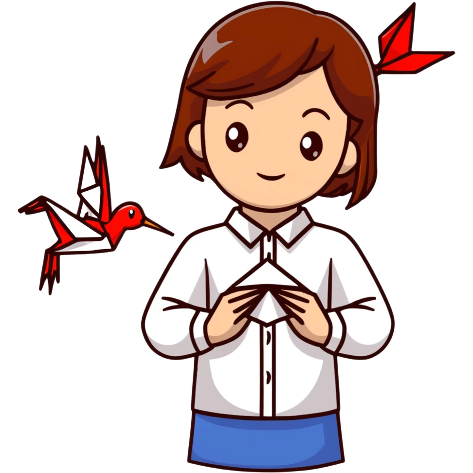 Ukrainian young girl with brown hair wearing an embroidered shirt holds an origami red crane emoji