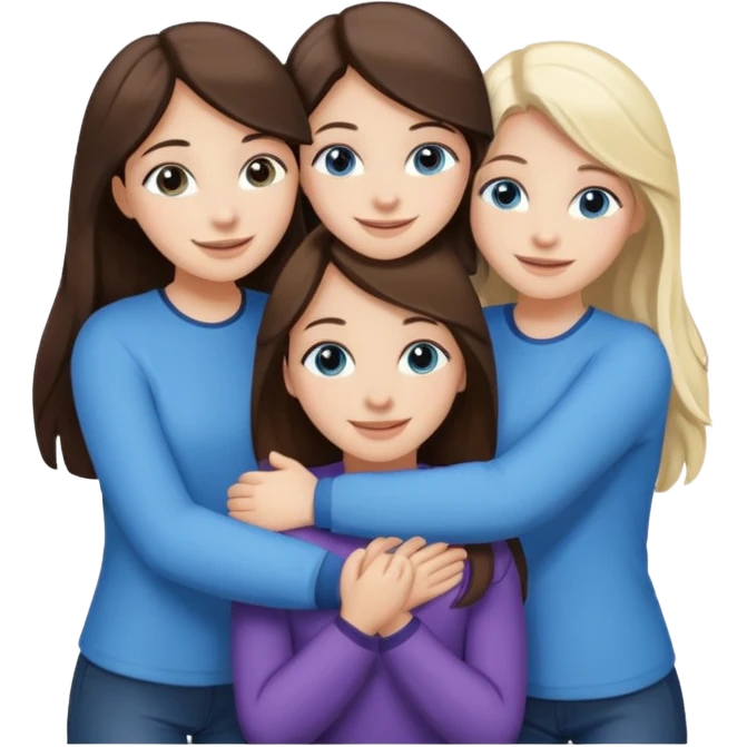 four white girlfriends hugging and smiling    2 girls with brown eyes and long dark brown hair. Two girls with blue eyes and light blonde hair emoji