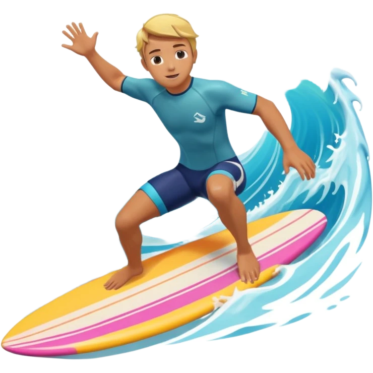 cute surfer riding big ocean waves, dynamic action pose, splash water, colorful surfboard, tropical vibe, 3D cartoon, mobile game icon style, bright colors, soft shadows, clean background, no text, no watermark emoji