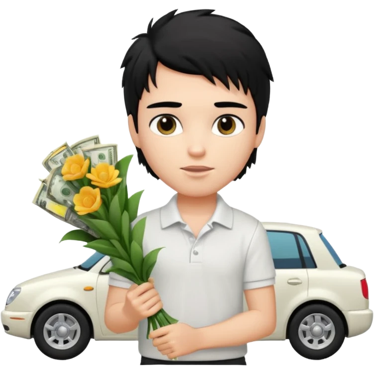 generate a pretty fair bratz boy with a messy mullet (black hair), wearing a white polo.  carrying a bouquet made of CASH. expensive car behind him emoji