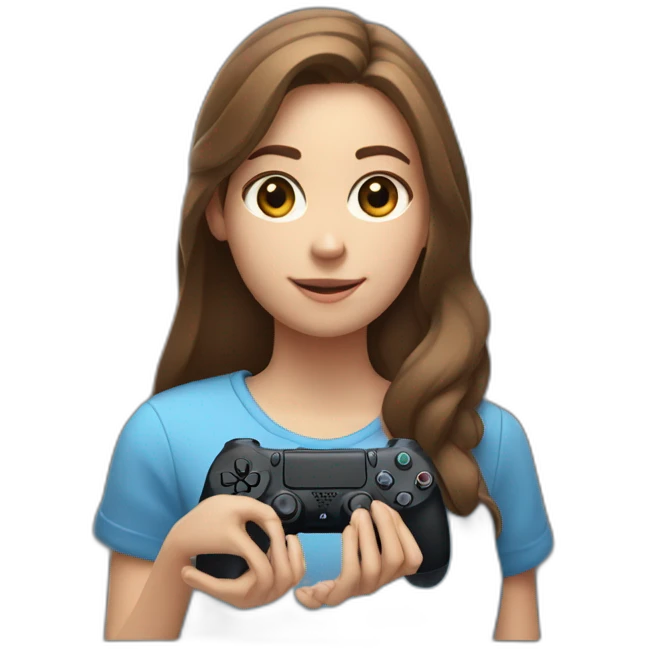 Caucasian Girl with long Brown hair holding the back of a playstation 4 controller looking at a screen emoji
