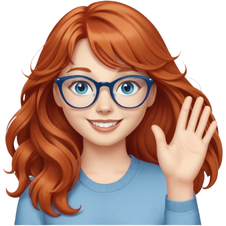 redheaded woman with very long wavy hair and bangs, blue eyes, clear cat-eye glasses, casual chic outfit, smiling, waving emoji