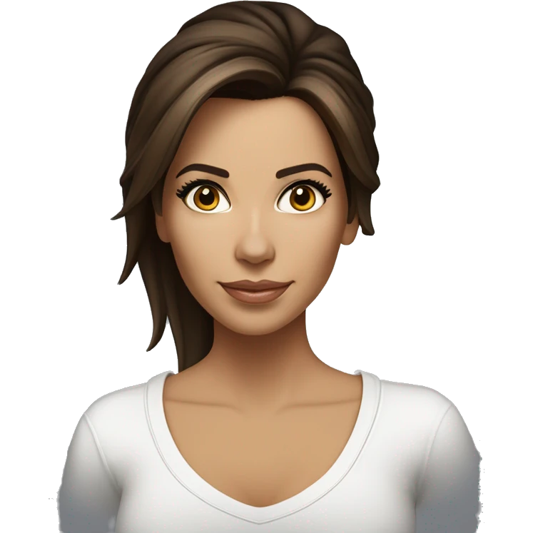 3/4 face, contrasted, shadow, light, Eva Longoria expression, standing from a distance, thin nose, brunette woman, hazel eyes, long eyelashes, dark shoulder shaded hair, white t-shirt, jeans, white sneakers emoji