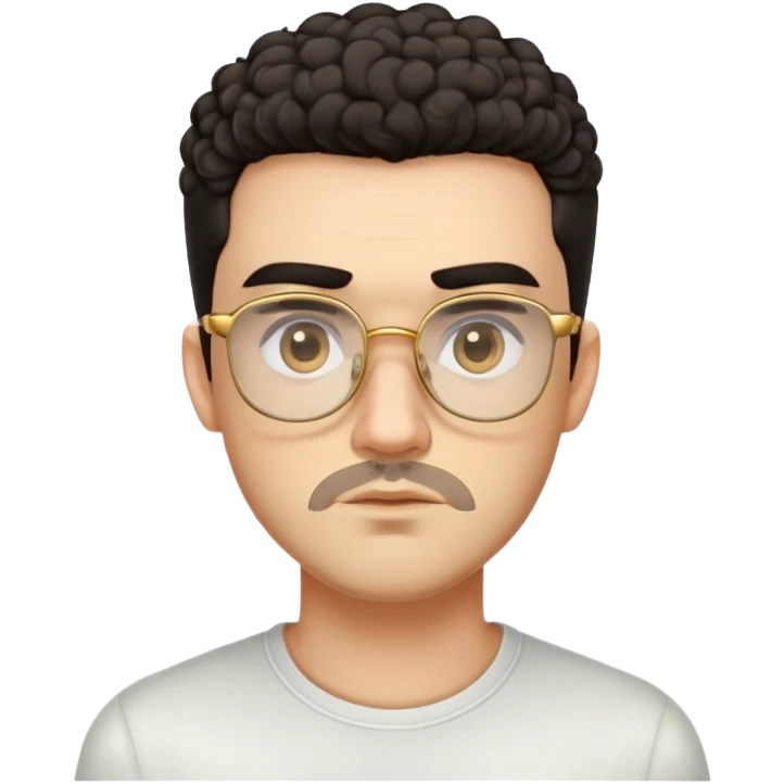 Man with square face, thick straight eyebrows, very short curly dark hair with fade on sides, light facial scruff, serious neutral expression, wearing large square golden glasses emoji