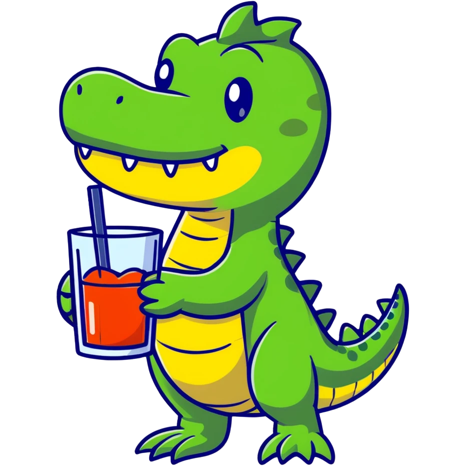 Friendly cartoon crocodile bartender making a Bombardino drink, cute character emoji
