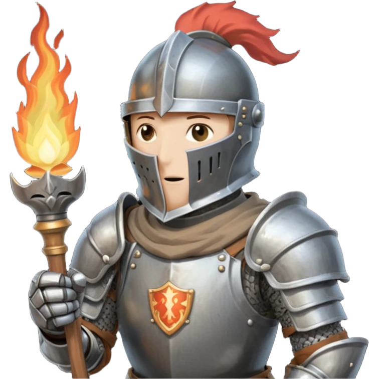 knight holding a short wooden torch in hand wearing darker, realistic iron armor,and  a closed helmet in dark souls style emoji