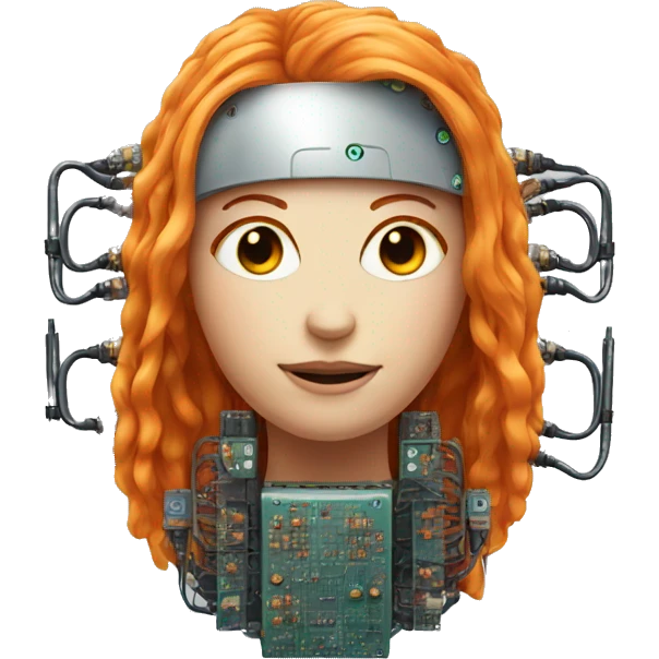 Head of female robot with long orange hair and circuits emoji