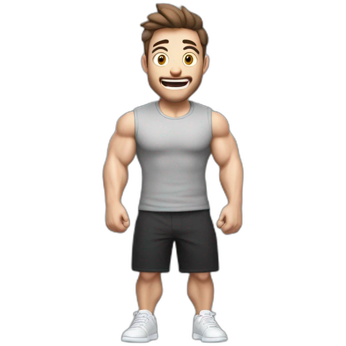 amazed Open with surprise mouth Pale skinned Fit Man With the biceps and dark brown hair in black shirt, gray sports shorts and white Sneakers emoji