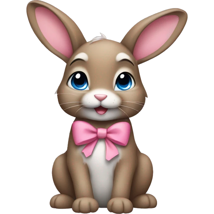 cute brown bunny with pink bow, one leg white, other gray, blue eyes, more light emoji