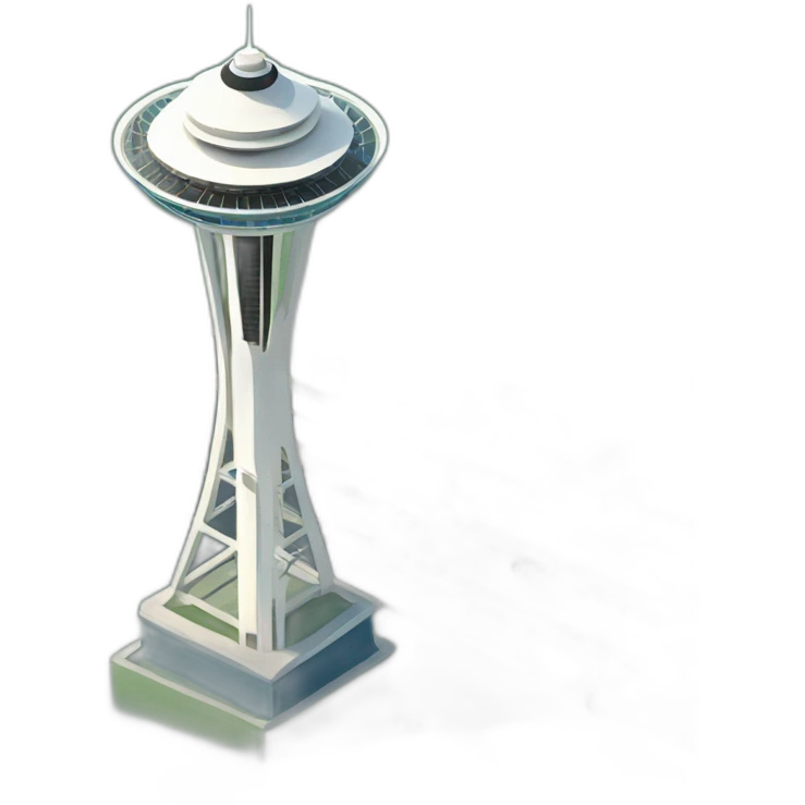 Simplified Seattle space needle, bold, 3d, cartoon style, 🗽, iconic, exaggerated proportions, landmark emoji
