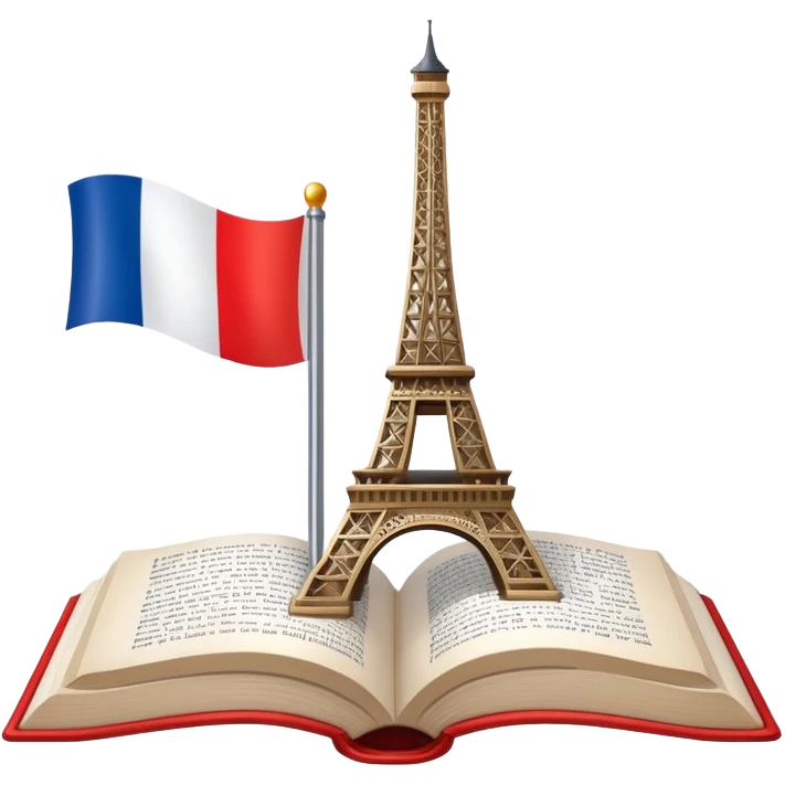 An icon featuring the Eiffel Tower and the flag of France, symbolizing the French language. The design includes an open book with French text, representing language learning and French culture. Transparent background highlights the elegance of the French-speaking world. emoji