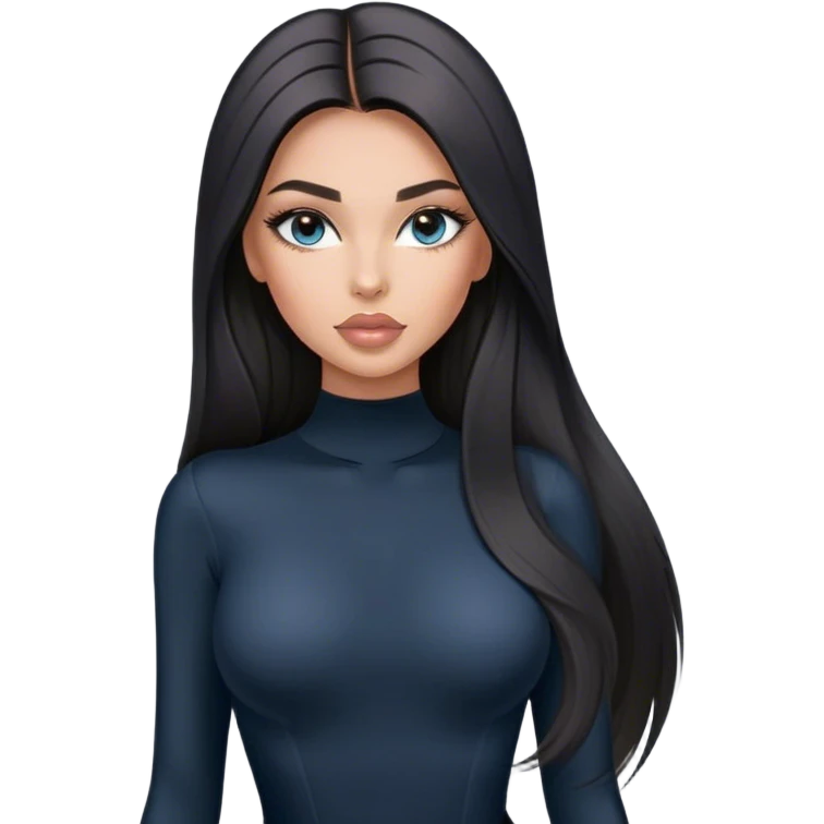 Glamours, tanned, very beautiful girl, with big pump peach-beige-rose lips, long long lashes, black straight smooth silky long hair, straight parting hair, blue-grey eyes in black long-sleeves bodysuit emoji