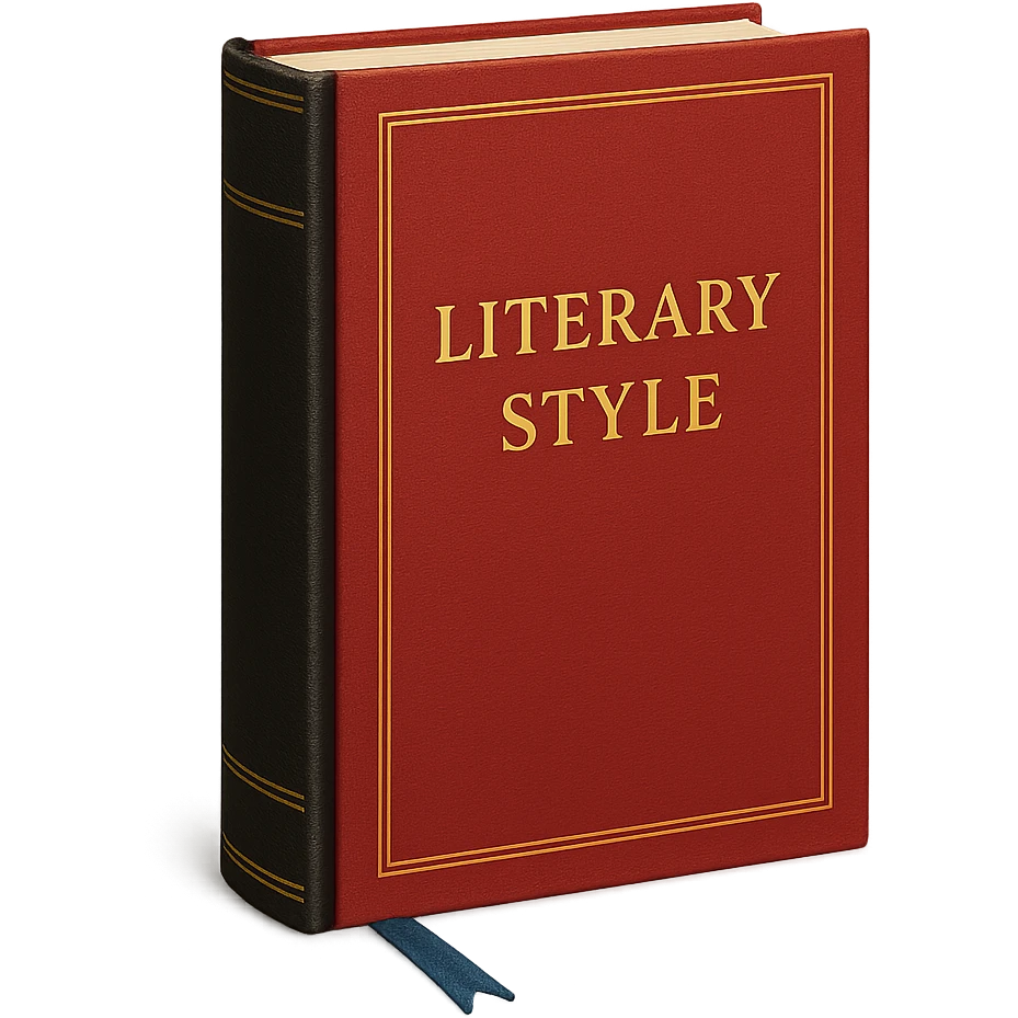 Book with red cover, gold lettering, black spine, blue bookmark, elegant literary style emoji