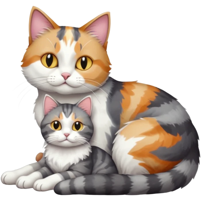 full body colourful light patched calico + white tabby cat cuddling a large grey and white cat  emoji