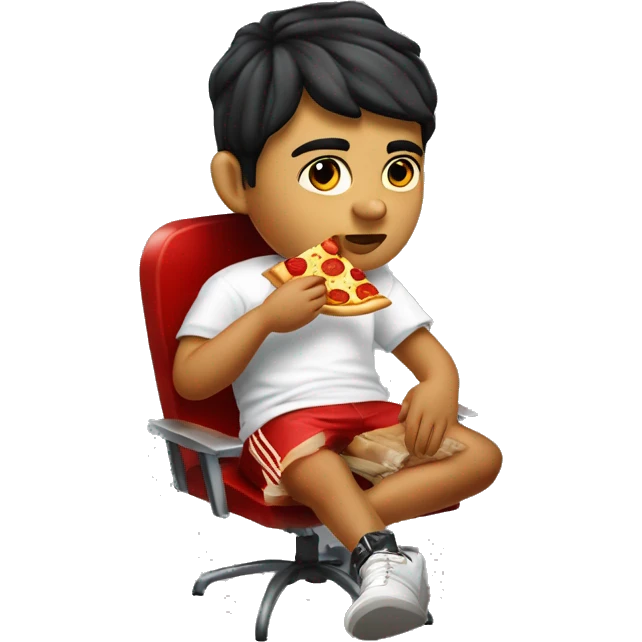 short hair mexican pale teen 13 years old with a chuncky weight eating a pizza wearing proclub dressed like a california gangster sitting on a metal party chair emoji