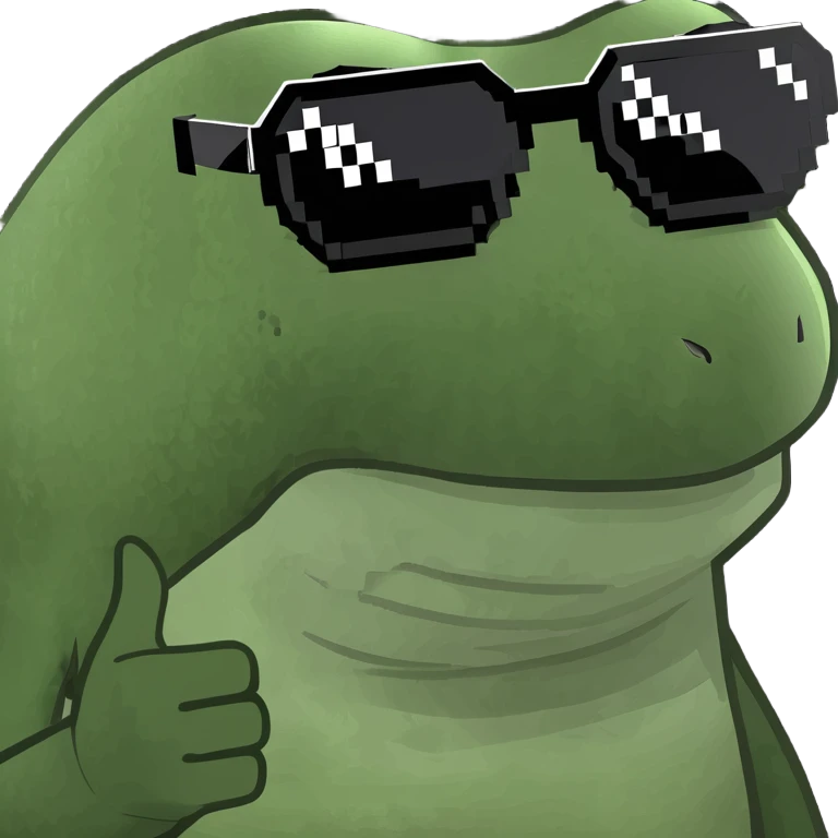 bufo with triangle 8 bit sunglasses full black, confident smile emoji