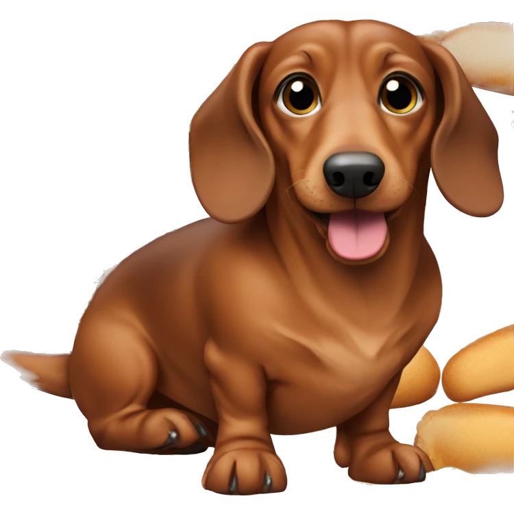 A fat brown dachshund with a lot of food around him emoji