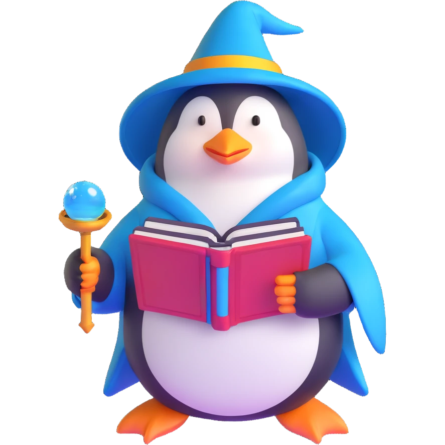 penguin wizard holding an open spellbook emoji