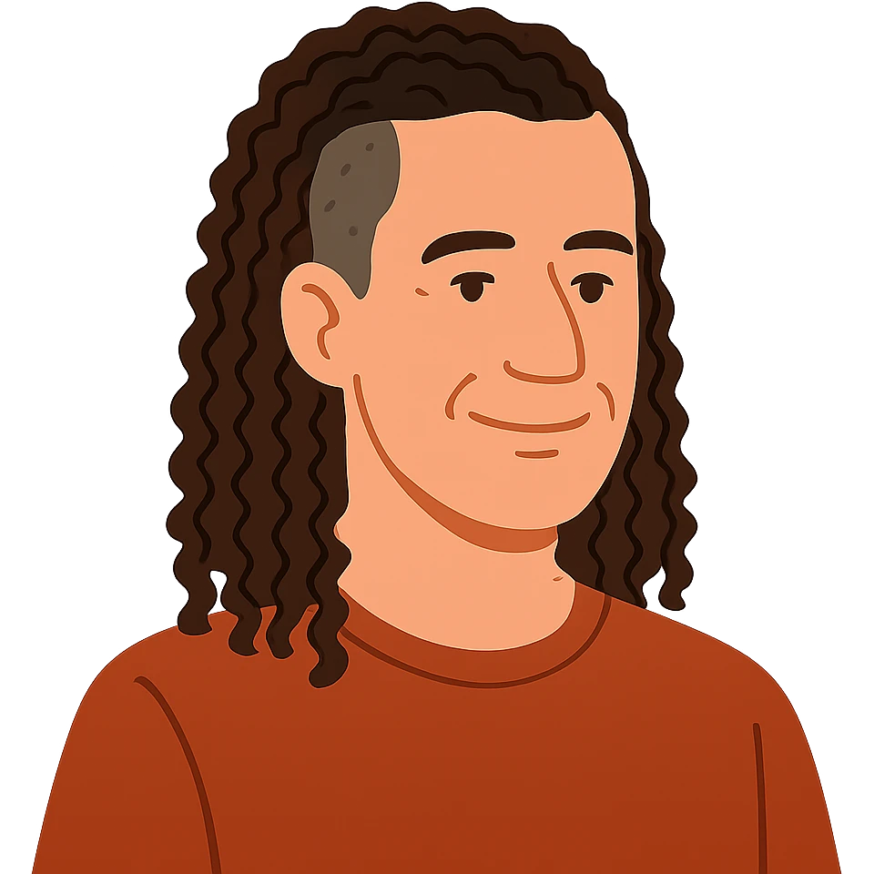 flat toon style white man in his 40s with long tight curly hair and short sides emoji