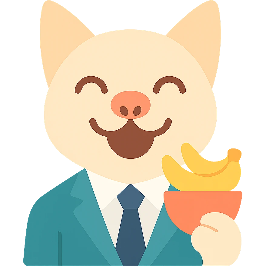 cat with a dog nose, wearing a suit, earring, holding a cup of bananas, playful expression emoji