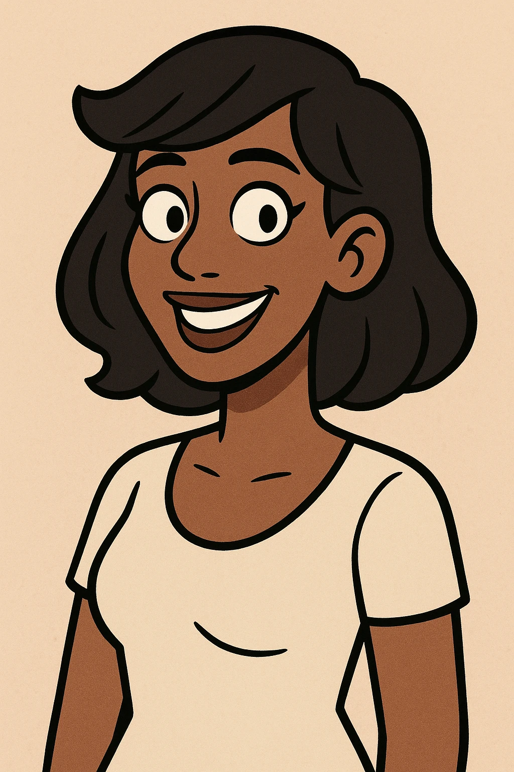 woman with brown skin, black hair, smiling, modern cartoon style emoji