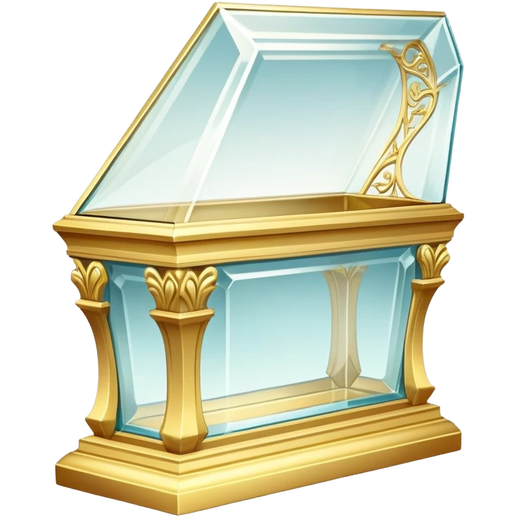 A delicate glass coffin with golden trim, resting on an ornate pedestal. Soft light reflects off the glass, adding an ethereal, fairy-tale glow emoji