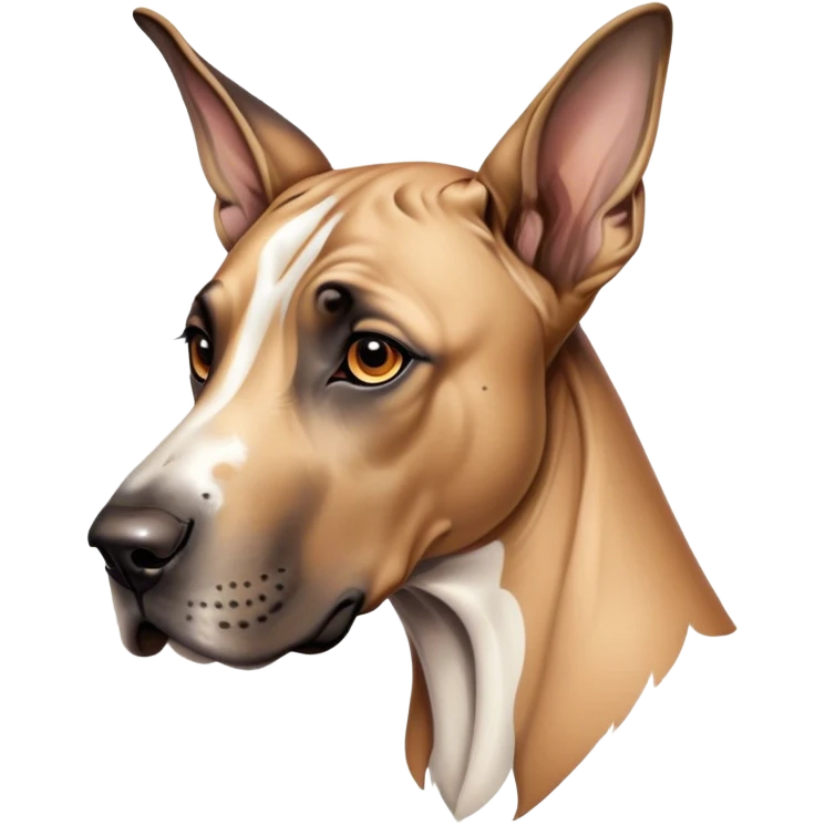 Cinematic Noble Fawn Great Dane Portrait Emoji, Poised and regal, with a towering, muscular build and a sleek, well-groomed solid fawn Fur accented by subtle dark markings, deep-set soulful amber eyes, Simplified yet sharp and sophisticated features, highly detailed, glowing with a soft, dignified glow, high shine, intelligent and gentle, stylized with an air of majesty, focused and attentive, soft glowing outline, capturing the essence of a watchful and confident guardian, so majestic it feels as though it could stride out of the screen with effortless authority! emoji