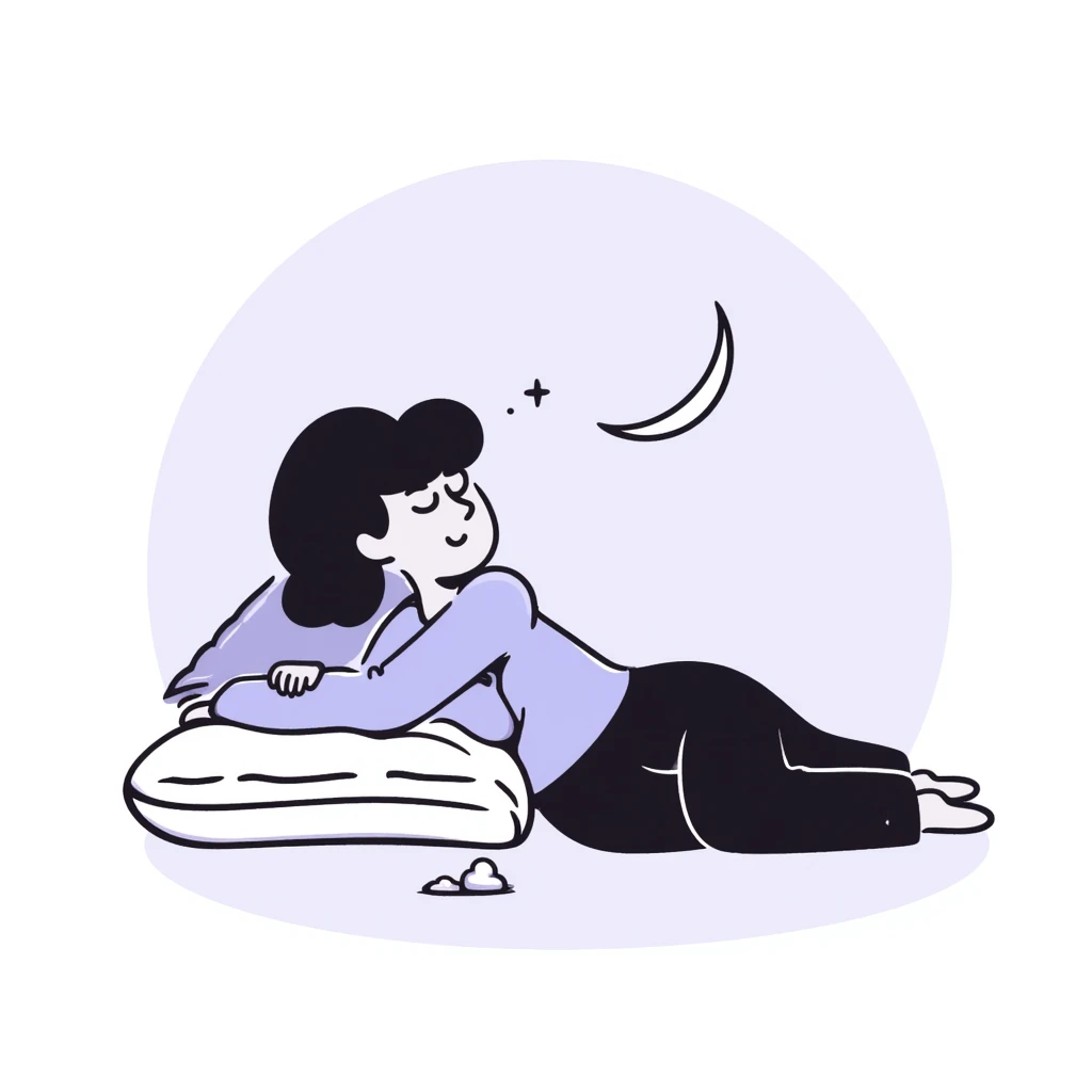 A person with closed eyes sleeping peacefully with a small crescent moon nearby. Warm, calming colors with blues and purples. Simple hand-drawn doodle style. emoji