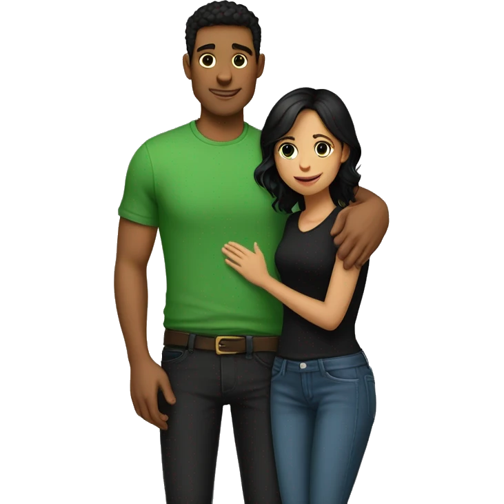 tall guy wearing green shirt and black jeans hugging a shorter girl with blue jeans and black shirt with black hair and light tan  emoji
