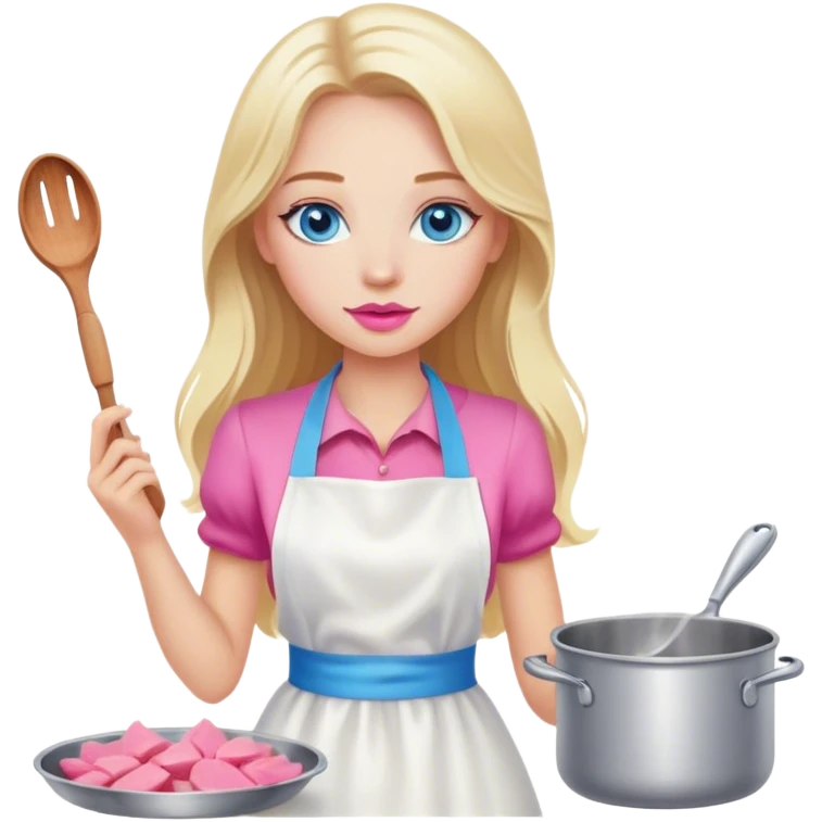 Cinematic realistic beautiful blonde with long hair, blue eyes and pink lips in a white dress cooks emoji