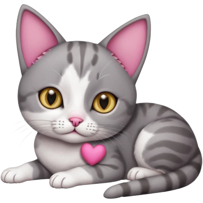 full body tiny short hair dark grey and white cat with hazel eyes lying down emoji