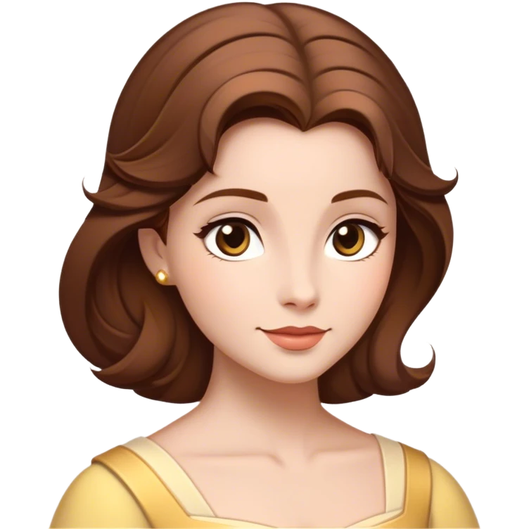 Cinematic Timeless Belle Portrait Emoji, rendered in a clean, vector style. Depict Belle with fair, luminous skin, beautifully arranged brown hair, and a serene, graceful expression, dressed in her classic attire. The design features bold, simplified shapes, a soft, enchanting glow, and a subtle glowing outline, capturing the essence of pure, timeless beauty. emoji