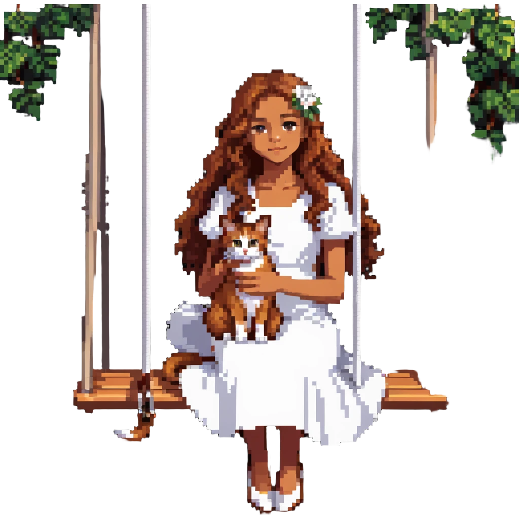 beautiful girl with curly long brown hair in a white dress holding an Abyssinian cat with reddish-brown fur, sitting on a swing emoji