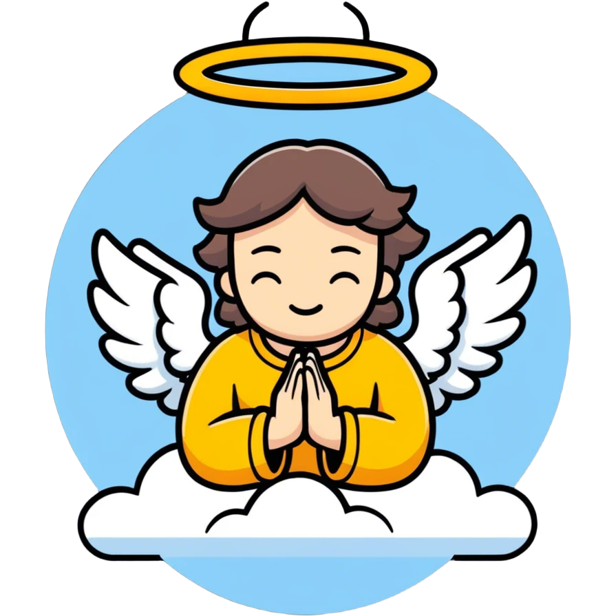 Plain emoji face praying on a cloud has wings and a halo emoji