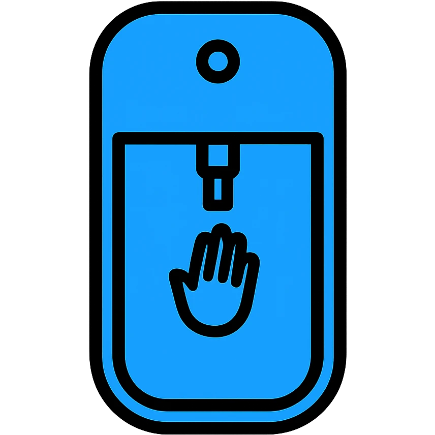 Create a clean, minimal emoji of a blue Touchland hand sanitizer bottle with a transparent background. Keep the recognizable shape and blue color, focusing on simplicity and clarity in a lineal color icon style with black outlines. emoji