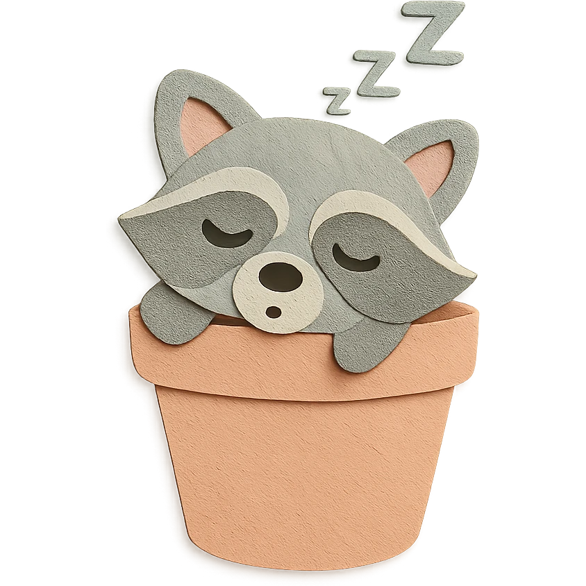 sleepy raccoon inside a flower pot, pastel earthy colors, paper craft style emoji