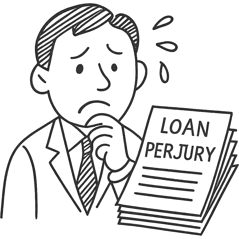 man committing loan perjury, sweating, with a stack of papers emoji