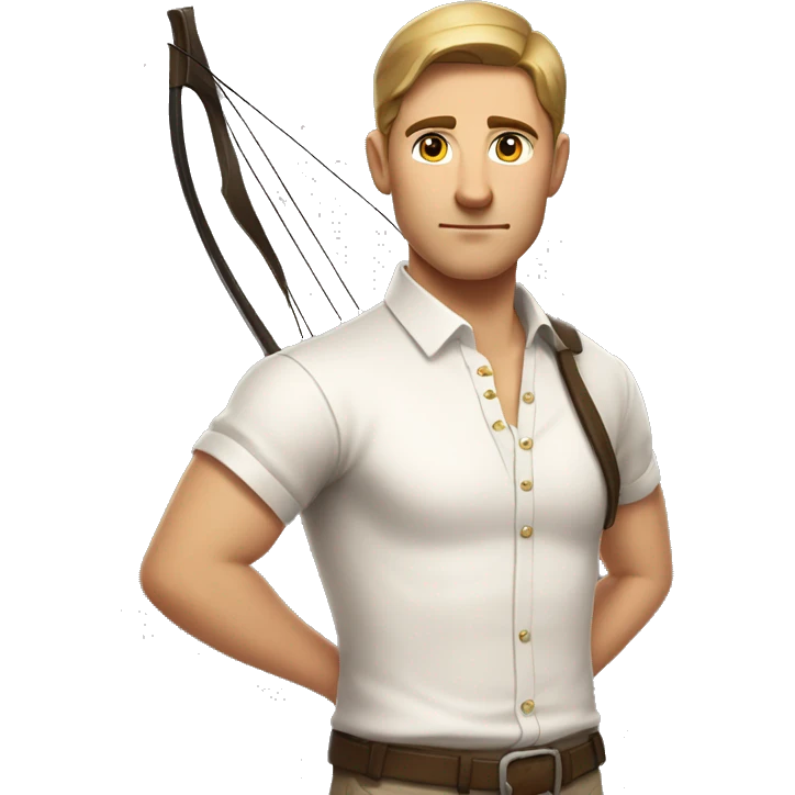 a male archer with a bow, wearing a white shirt, very short brown hair, bright skin, only show upper part of the body from waist up emoji