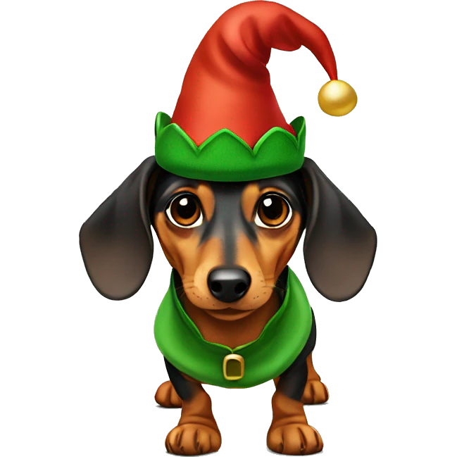 Dachshund wearing elf hat and elf costume emoji