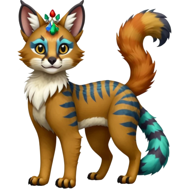 Colorful glorious Christmas-themed zigzagged cool beautiful fantasy-caracal-civet-genet-sergal-vernid-Gryphon-Cacomistle-Trico-oncilla-animal-Fakémon-hybrid-fursona (full body), facial markings,  emoji