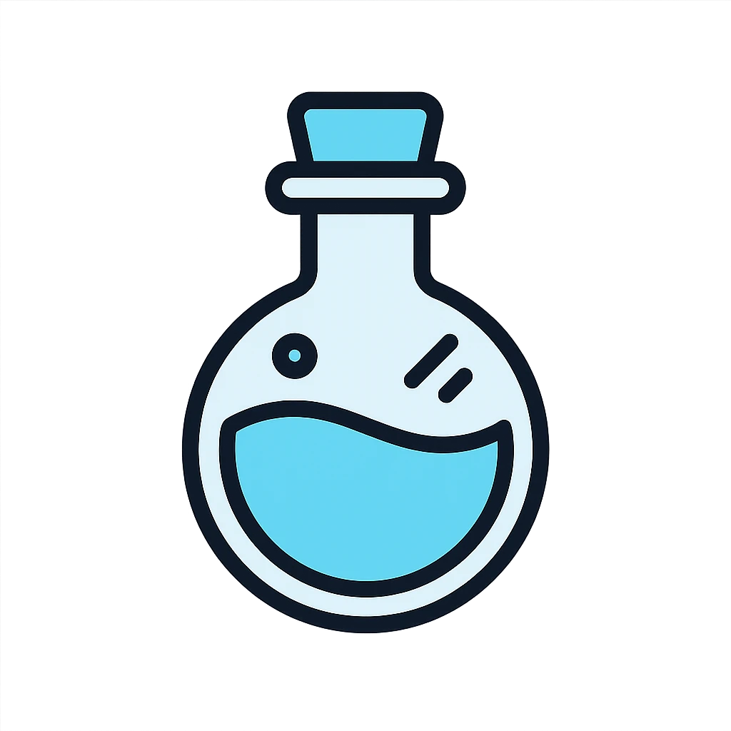 minimalist and serious Discord role icon of a stylish potion bottle with a round bottom, suspended in the air, glassy and clean, #6fe8f3 as the main color emoji
