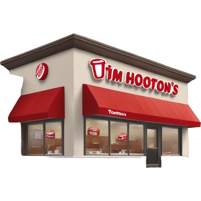 “Tim Hortons store with a red and white color scheme, featuring the classic Tim Hortons logo, a warm and welcoming design that represents a popular coffee and donut shop.” emoji