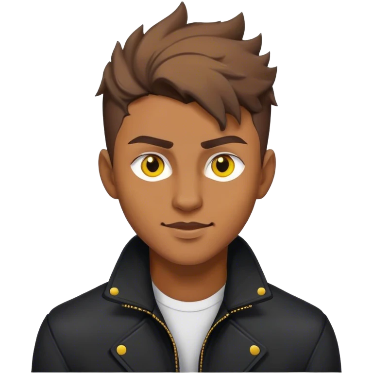 A male with yellow eyes and brown wolf cut hair, raised eyebrows, sly smile, black jacket  emoji