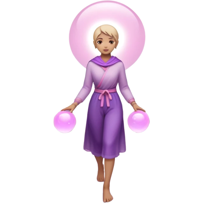 A small figure walks back across a foggy bridge, holding soft pink and purple orbs in each hand—symbolizing compassion and forgiveness. A gentle heart aura trails behind them, showing healing in motion. emoji